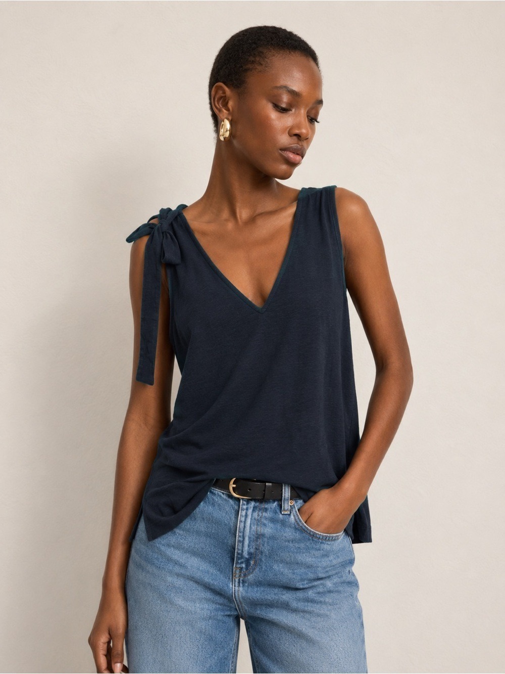 Nation LTD Daniella Tank Deep Navy V-Neck Tie Shoulder Peruvian Cotton